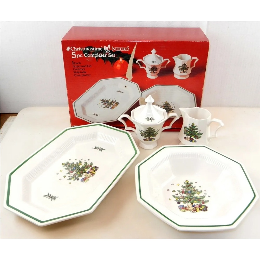 Nikko Christmastime 5 Piece Complete Set Sugar Creamer Bowl Platter Japan ~ T51
